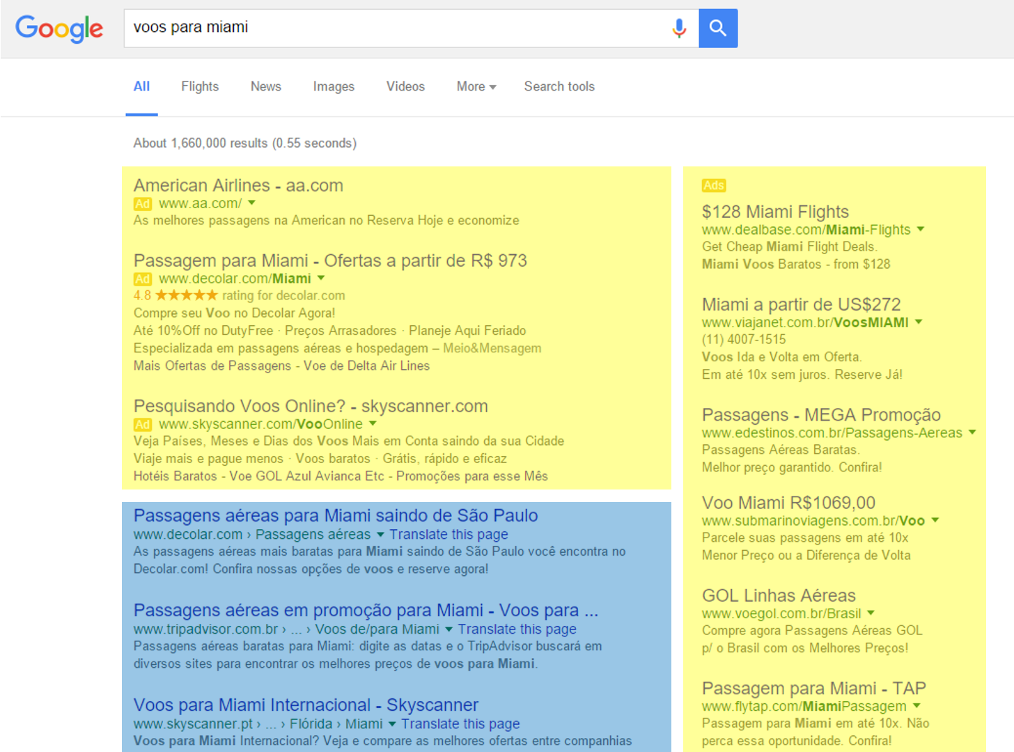 Print de Busca no Google, onde o azul é resultado orgânico e o amarelo é Google Adwords.
